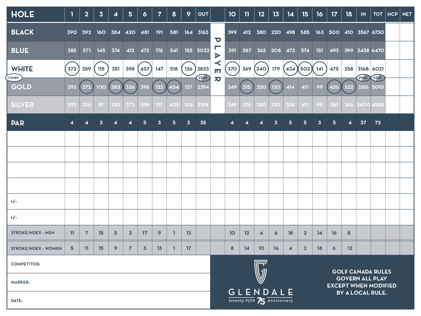 Glendale Winnipeg Golf Scorecard
